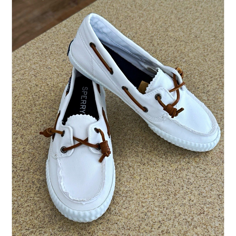 Sperry Women's White Sayel Away Washed Canvas Boat Shoes 7.5 M STS95742